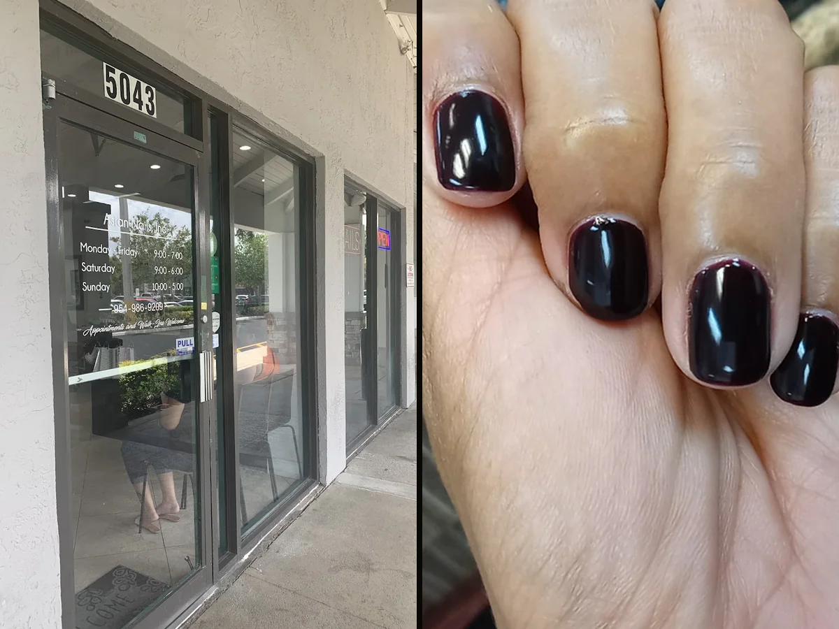 Nail polish bottles lined on salon shelves.