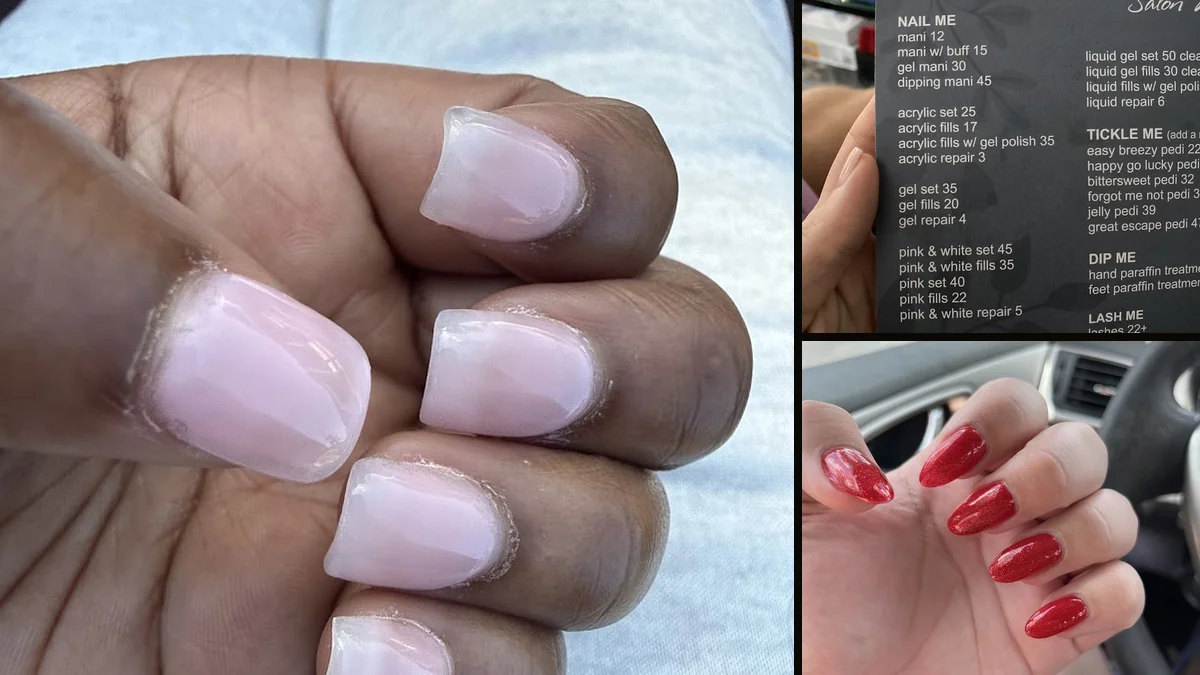 Manicure station with tools and polish colors.